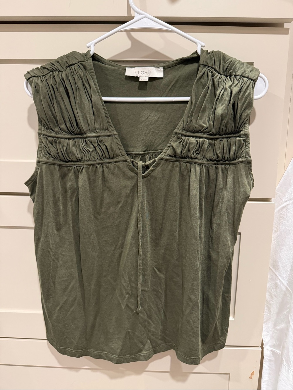 LOFT Olive Green Ruched Yoke Sleeveless Tie-Front Top